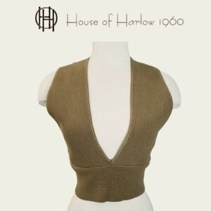 House of Harlow 1960 Rib-Knit Sleeveless Deep V Crop Top in Brown Spice Sz M NWT